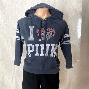 Denim blue Victoria Secrets PINK vibrant heart hooded sweatshirt size Medium